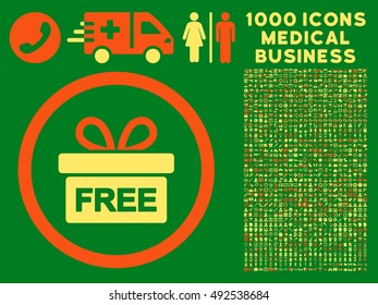 Orange And Yellow Gift vector bicolor rounded icon. Image style is a flat icon symbol inside a circle, green background. Bonus clipart contains 1000 medical business symbols.