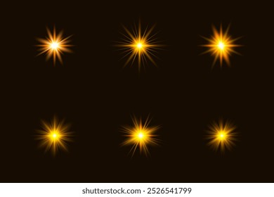 Orange and yellow glowing light stars explodes. Sparkling dust yellow particles. Shining sun light flare, shine effect, sparkle star, glow shine, glare