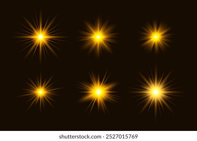 Orange and yellow glowing light stars explodes. Sparkling dust yellow particles. Shining sun light flare, shine effect, sparkle star, glow shine, glare