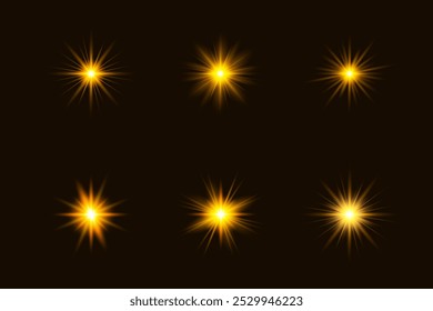 Estrelas brilhantes amarelas e alaranjadas explodem. Partículas amarelas de poeira cintilante. Brilhando sol luz flare, efeito de brilho, estrela cintilante, brilho brilho, brilho