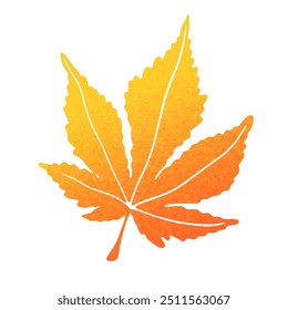 Hoja de arce de otoño degradada naranja y amarilla con textura granulada sobre fondo blanco