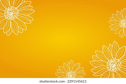 Orange and yellow gradient background with decorative sunflowers flowers. Hand drawing sunflowers banner with space for text. Botanical floral vector illustration