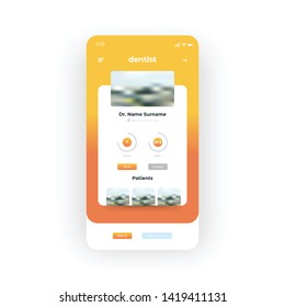 Orange and yellow gradient background. Dentist Profile UI, UX, GUI screen for mobile apps design. Modern responsive user interface design of mobile applications including Dentist Profile screen