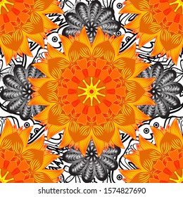 Orange, yellow and gray hand drawn pattern. Vector pattern. Doodle flowers seamless pattern. Art inspiorange, yellow and gray style flowers and leaves background.