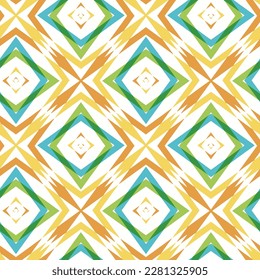 Orange Yellow Green and Blue Colourful pattern for textile, ceramic tiles and design Hand drawn pattern tile in native style with triangles and squares. vector illustration.