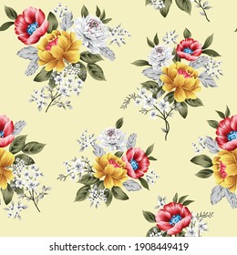 orange yellow and grey vector flowers bunches with leaves pattern on yellow background