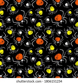 Orange and yellow spidersю Halloween seamless patterns. Traditional collection of holiday symbols. Vector illustration.