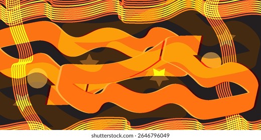  orange and yellow lines on a dark background,Abstract digital artwork with wavy featuring geometric shapes like stars and circles.