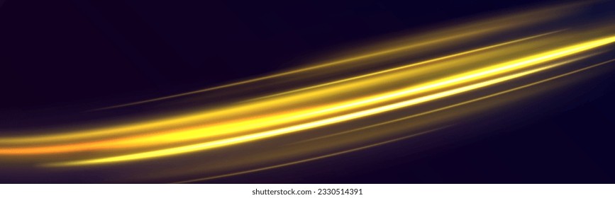 Orange and yellow luminosity, abstract neon motion glowing wavy lines. Glowing spark swirl trail tracing on dark blue background. Abstract light lines of movement and speed. Vector illustration.	