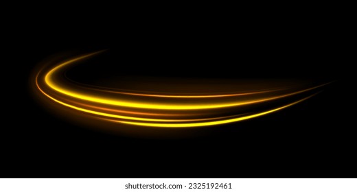 Orange and yellow luminosity. Abstract shiny color gold wave light effect. Golden glowing shiny spiral speed. Neon light effect magic light. Abstract neon motion glowing wavy lines. Shiny trail vector