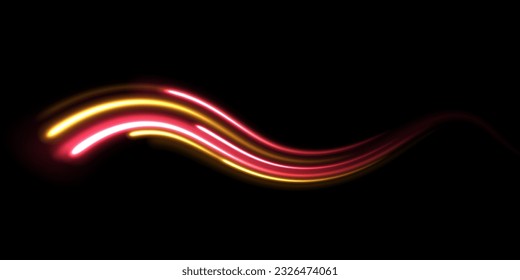 Orange and yellow luminosity. Abstract shiny color gold wave light effect. Golden glowing shiny spiral speed. Neon light effect magic light. Abstract neon motion glowing wavy lines. Shiny trail vector