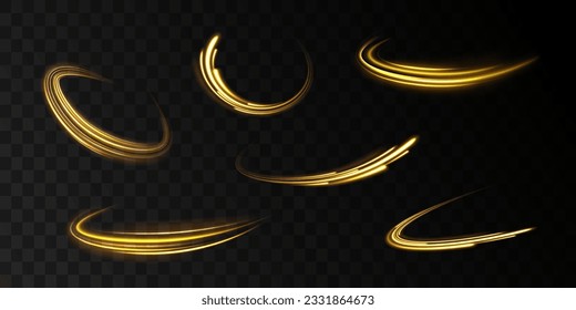 Orange and yellow luminosity. Abstract shiny color gold wave light effect. Golden glowing shiny spiral speed. Neon light effect magic light. Abstract neon motion glowing wavy lines. Shiny trail vector
