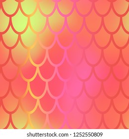 Orange yellow mermaid vector background. Fish scale pattern. Mermaid seamless pattern tile. Holographic gradient. Coral red color texture. Mermaid skin seamless pattern. Iridescent wrapping paper