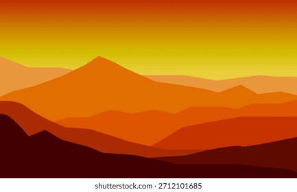 Uma paisagem laranja e amarela da cordilheira. A imagem cria uma vista cênica quente e em camadas
