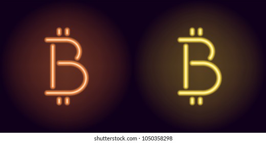 Orange and yellow neon bitcoin sign. Vector silhouette of neon bitcoin currency consisting of outlines, with backlight on the dark background