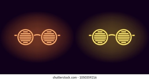Orange and yellow neon glasses. Vector silhouette of neon club glasses with round lenses and rim consisting of outlines, with backlight on the dark background