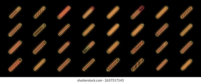 Orange and yellow neon glowing wafer rolls create a repeating pattern on a black background