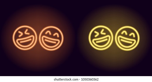 Orange and yellow neon laughing emoji, fool day. Vector silhouette of neon pair emoji with smile consisting of outlines, with backlight on the dark background