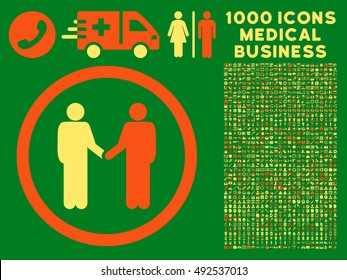 Orange And Yellow Persons Agreement vector bicolor rounded icon. Image style is a flat icon symbol inside a circle, green background. Bonus clipart contains 1000 healthcare business pictographs.