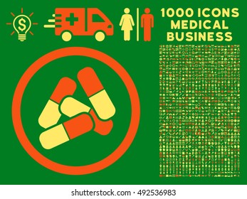 Orange And Yellow Pills vector bicolor rounded icon. Image style is a flat icon symbol inside a circle, green background. Bonus clipart is 1000 healthcare business symbols.