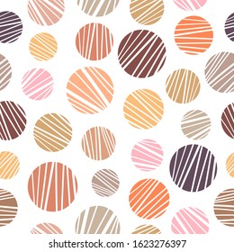 Orange, yellow, pink, brown, beige striped round shapes on white background. Seamless geometry pattern. Suitable for textile, wrapping paper, wallpaper.