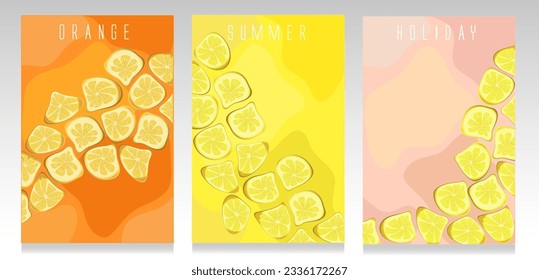 Orange, yellow and pink summer cover set. Composition of distorted lemons on abstract round shapes. Concept of summer, surrealism and creativity.