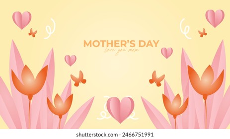 Orange yellow and pink vector mothers day background with love balloons and flowers illustration. Happy mothers day event poster for greeting design template and mother's day celebration