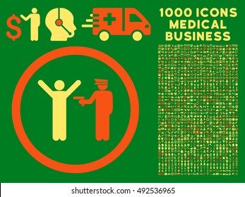 Orange And Yellow Police Arrest vector bicolor rounded icon. Image style is a flat icon symbol inside a circle, green background. Bonus clip art includes 1000 health care business pictograms.