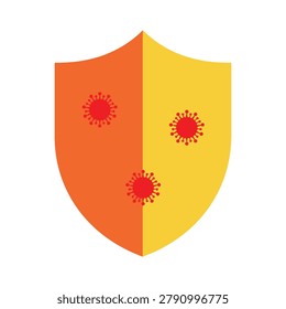 Orange yellow protection shield with red coronavirus cells representing immune defense against global disease pandemic concept