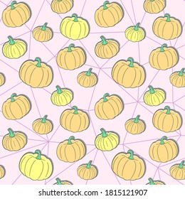 Orange and yellow pumpkins with a shadow on a pink polygonal background. Vector seamless pattern for wrapping paper, packaging, wrapper, wallpaper, country fair, farm market, food store, shop or print