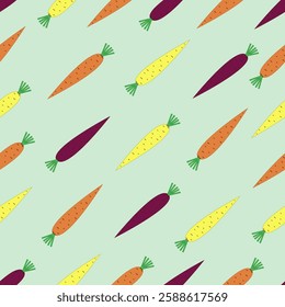 orange, yellow and purple carrots. Pattern for postcards, pajamas, dishes. Vector illustration
