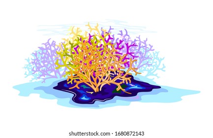Orange, yellow, purple, green amazing coral reefs are undersea. Underwater ecosystem, rainforests of ocean, sea, home for numerous marine species. Vector illustration isolated on white background.