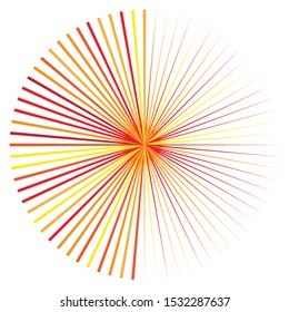 Orange, yellow radial, radiating lines. Rays, beams. Starburst, sunburst element. Sparkle, gleam, twinkle effect. Circular, concentric design