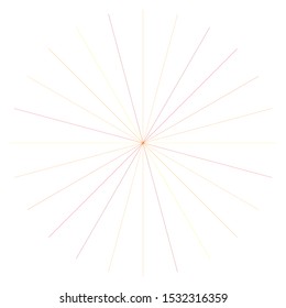 Orange, yellow radial, radiating lines. Rays, beams. Starburst, sunburst element. Sparkle, gleam, twinkle effect. Circular, concentric design