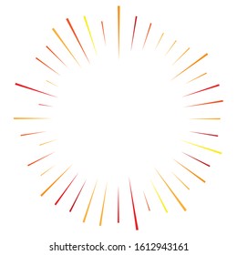 Orange, yellow radial, radiating lines. Rays, beams. Starburst, sunburst element. Sparkle, gleam, twinkle effect. Circular, concentric design