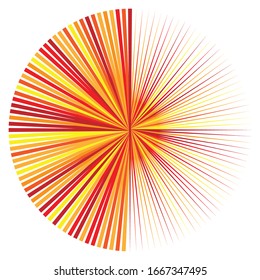 Orange, yellow radial, radiating lines, rays, beams. Starburst, sunburst element. Sparkle, gleam, twinkle effect. Circular, concentric geometric design