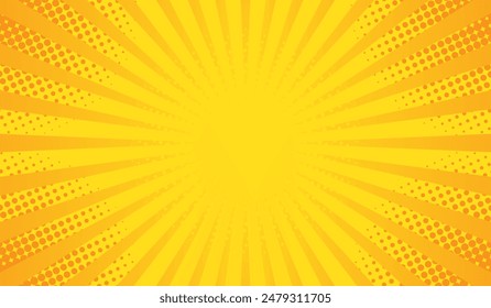 orange and yellow radiation comic background. sunshine advertising banner. pop art texture. color halftone backdrop copy space. vector illustration flat design.