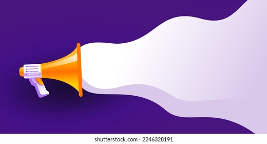 ilustración vectorial 3d de megáfono naranja y amarillo realista sobre fondo morado, concepto de altavoz para unirse a nosotros, vacante de trabajo y anuncio en diseño moderno de estilo de caricatura plana