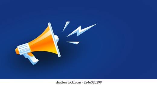 orange and yellow realistic 3d megaphone vector illustration on blue background, loudspeaker concept of join us, job vacancy and announcement in modern flat cartoon style design