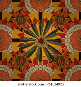Orange, yellow and red colors vector seamless pattern with many flowers.