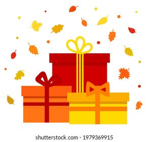 Orange, yellow, red gift boxes and autumn leaves. Festive boxes with ribbons. Seasonal sales. Autumn gifts, fall leaves. Cartoon flat style. Isolated on a white background. Vector stock illustration.