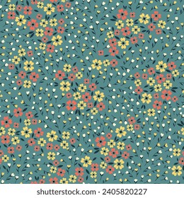 flor vectorial floral sin soldadura naranja y amarilla flores pequeñas con patrón de hojas sobre fondo verde