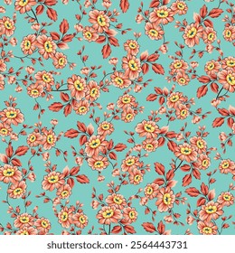 orange and yellow seamless vector stock flowers leaves pattern on green background