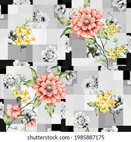 orange and yellow small vector flowers with green leaves bunches pattern on grey bandanna background
