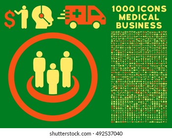 Orange And Yellow Social Group vector bicolor rounded icon. Image style is a flat icon symbol inside a circle, green background. Bonus clipart has 1000 health care business pictographs.