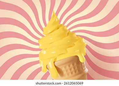 Orange yellow soft ice cream cone, Pour melted orange dessert orange mango flavor on ice cream background, Vector illustration