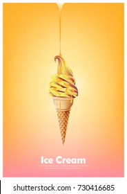 Orange yellow soft ice cream cone, Pour melted orange syrup, orange mango flavor, Vector illustration