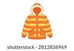 Orange and yellow striped puffer winter jacket featuring warm fur hood for cold weather insulation.