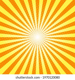 Orange and yellow Sunburst Pattern Background. Sunburst with rays background. Vector illustration. Orange and yellow radial background. Halftone background.