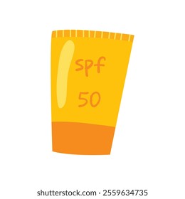 Orange and yellow sunscreen labeled spf 50, designed for sun protection.